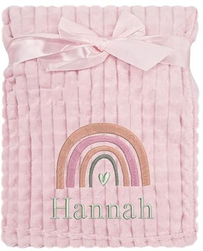 Personalised Baby Blanket Embroidered Rainbow & Name Soft Fleece Wrap (Pink Rainbow Pink Squares)