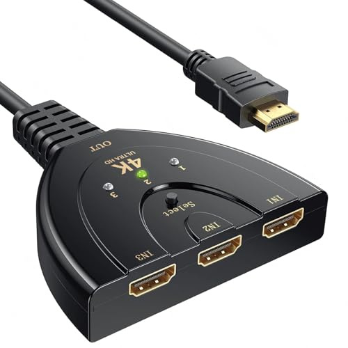 Avigers HDMI Switch 3 In 1 Out, 4K@60Hz, HDMI Splitter 3 in 1 Out (NUR 1 Monitor) 3-hdmi Port Switcher Unterstützt HDR, 1080p/3D für Laptops, PC, TV-Stick, Xbox-Serie, PS5/4, Projektor, Monitor
