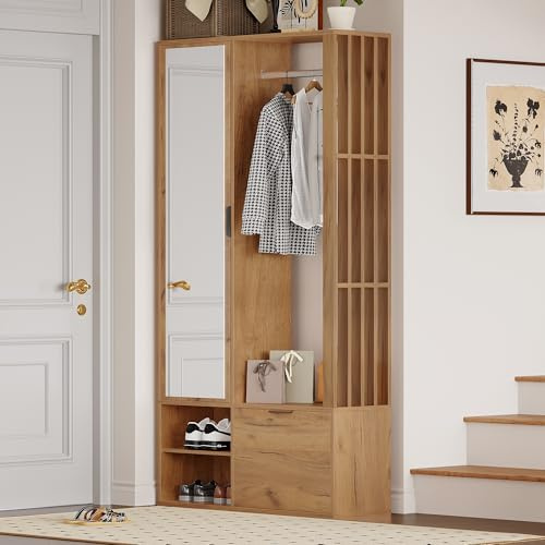 100x33x190cm garderobenschränke mit flur,6-in-1-Eingangsschrank, zum Aufhängen von Mänteln,Flurschrank mit Wäscheständer ,Garderobenschrank und Spiegel, Breite 100cm,Schrank mit unterer Tür,Holzfarbe