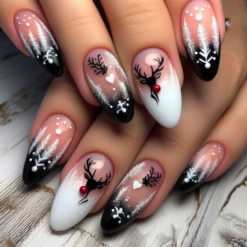 Viugex 24 pezzi Natale unghie finte mandorla, medio francese nero bianco stampa su chiodi, renna carino unghie da incollare, inverno acrilico copertura completa unghie da spremere, per le donne nail