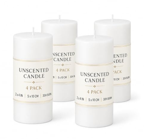 Lot de 4 Bougies Piliers Blanches non Parfumées - 5 x 10 cm - Longue Durée 30h - Paraffine de Haute Qualité avec Mèche en Coton - Décoration pour Mariage, Église, Maison et Fêtes