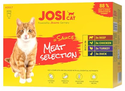 JosiCat Multipack Meat in Sauce | 48x 85g | Adult | Katzenfutter nass | Premium Nassfutter im Frischebeutel für ausgewachsene Katzen | 4 Sorten mit Fleisch in Sauce | German Quality by JOSERA