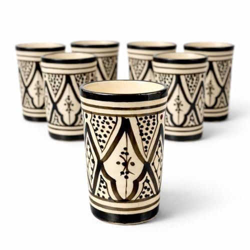 Set 6 Bicchieri in Ceramica Marocchina Dipinti a Mano Artigianali Orientali per Tè alla Menta e Caffè - Decorazione Casa Etnica Stile Berbero h.11cm Ø7cm - Design Geometrico Tradizionale 1812251203