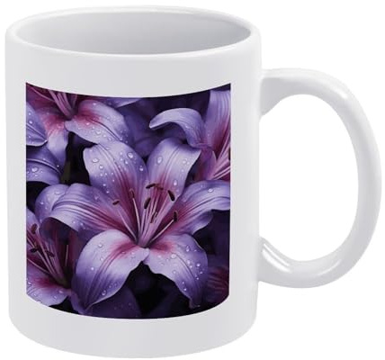 Lila Lilien-Tasse mit Henkel, personalisierbar, aus dickwandiger, rutschfester Keramik, luxuriöser weißer Becher (350 ml) für Damen und Herren, ideal für Büro und Arbeit