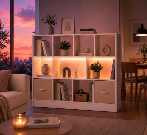 Amveya Bücherregal Weiß Hochglanz mit LED, XL Raumteiler für Wohnzimmer, Modernes Würfelregal Standregal mit 11 Fächern & 2 Stoffschubladen, Großer Raumtrenner, 126x30x100 cm