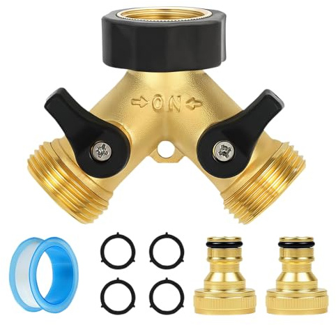 Resszo Garden Tap Splitter 2 Way,3/4”Brass Hose Connector with Individual On/Off Valves - Dual Hose Connectors for Washing Machine,Outdoor Tap,Garden Hose & Car Washing with 2 Quick Connectors