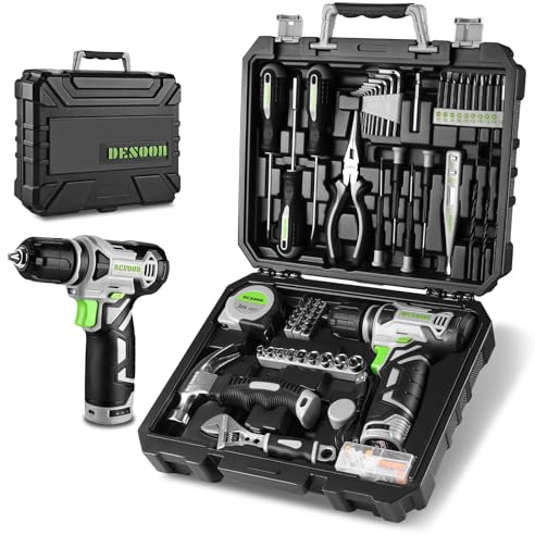 DESOON Caja Herramientas 151 Piezas Taladro 12V sin Cuerda Bricolaje Hogar | Maletín profesional apto para reparaciones del hogar, oficina y jardín
