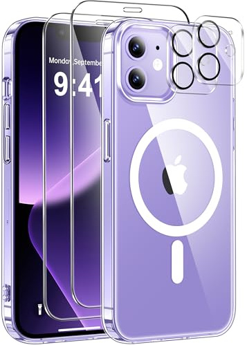 ivencase Magnetic for iPhone 12 Mini Case with 2 Pack Screen Protector and 2 Pack Camera Lens Protector, Compatible with MagSafe, Shockproof Protective Clear Back Phone Case for iPhone 12 Mini -Clear