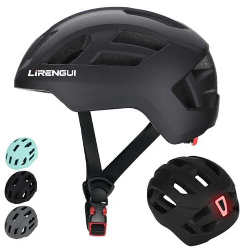 LIRENGUI Casco de Bicicleta con luz Trasera para niños niñas y Adolescentes, luz Trasera Recargable de Seguridad, Ligeros y Talla Ajustables Cascos Infantil para múltiples Deportes (Negro, M)
