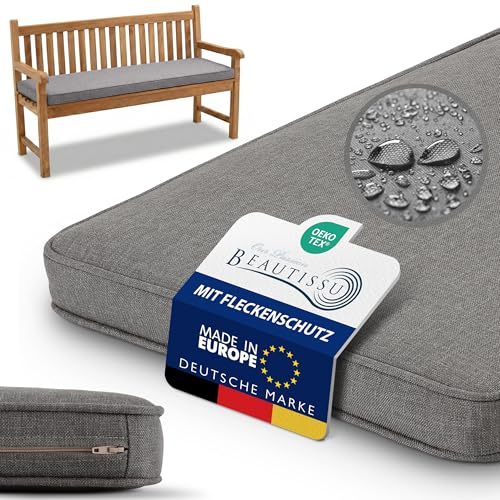 Beautissu Bankauflage Outdoor Bankkissen Gartenbank Sitzkissen waschbar | 150x40cm Hellgrau 5cm dick Wetterfest UV-Beständig Pflegeleicht Bankpolster Bezug abnehmbar Gartenmöbel Sitzauflage Calme BK