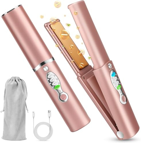 Lisseur cheveux portable Rose Gold – Mini lisseur de voyage sans fil 2 en 1 pour lisser et boucler, batterie 5000 mAh, plaques titane – Retouches rapides cheveux courts ou longs