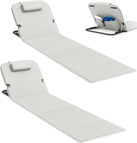 2er Set Strandmatte Klappbar mit Rückenlehne 165cm, 5-Stufige Verstellbarer Strandliege Klappbar Leicht mit Staufach, Kopfstütze & Tragetasche, 100 kg Belastbar, für im Freien, Strand (Hellgrau)