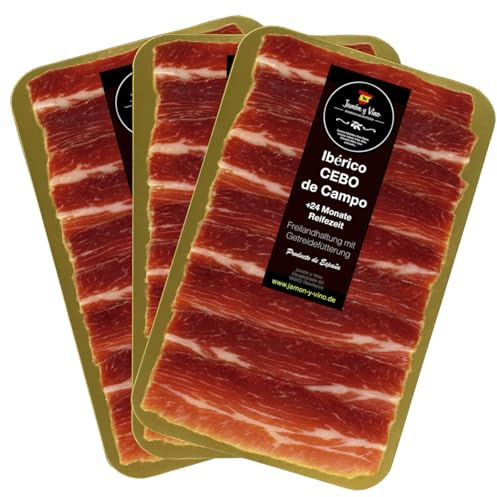 3x 150g Ibérico Schinken Reserva Cebo de Campo | +24 Monate gereift | Freiland | hauchdünn in Scheiben | durch Folie getrennt, vakuumiert