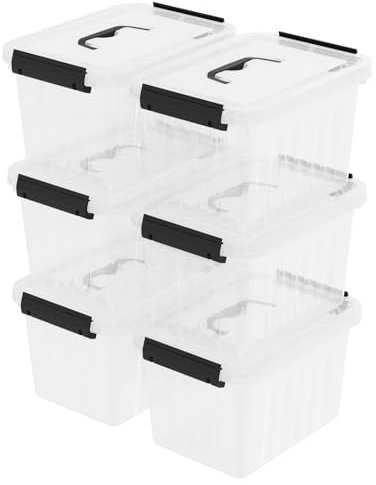 Lesbye 6 Packs 7 L Plastic Storage Boxes, Clear Lidded Handle Boxes, 27 x 20 x 16 cm