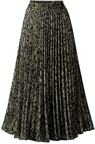 CHARTOU Damen-Rock, elastisch, hohe Taille, A-Linie, Leopardenmuster, plissiert, Midi-Rock, Grün , X-Klein
