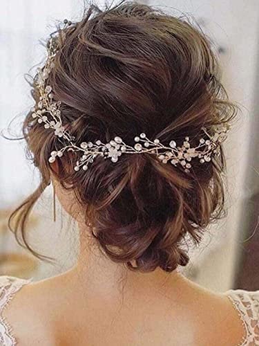 Catery Bride Wedding Headband Rose Gold Pearl Hair Vine Braid Headpieces Bead Bridal Hair Accessories for Women(Silver)
