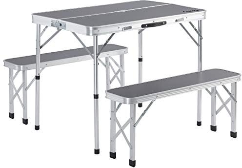 CASARIA® Klapptisch Wetterfest Höhenverstellbar Campingtisch mit Bänken Gartentisch Falttisch 120x60cm Klappbar leicht transportabel 4 Personen Grau