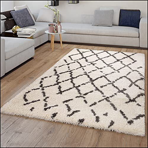 TT Home Tapis Poils Hauts Shaggy Style Flokati avec Motif Losanges Gris Blanc, Dimension:160x230 cm