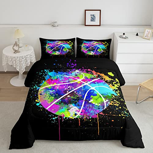 Basketball-Bettwäsche-Set, Queen-Size-Größe, Aquarell-Batik-Bettwäsche-Set für Kinder, junge Mann, Farbe Graffiti, Hip-Hop-Stil, Gaming, gestepptes Bettwäsche-Set mit 2 Kissenbezügen