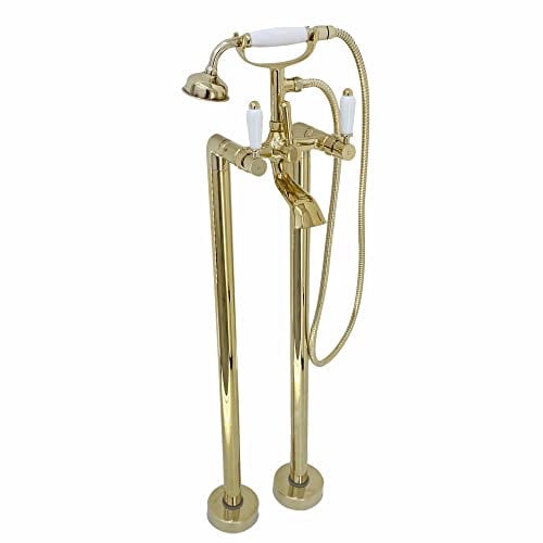 ENKI, Downton, BT0609 Floorstanding Bath Shower Mixer Tap with White Ceramic Levers English Gold