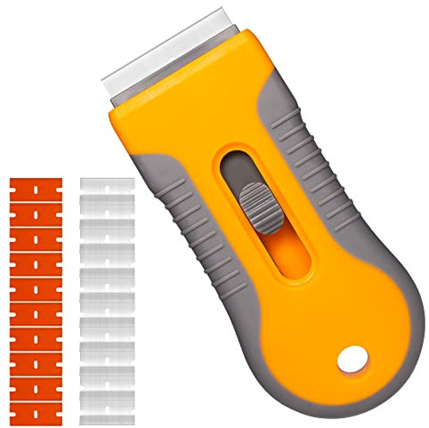 KINBOM Kit Raschietto per Rasoio, 1 Raschietto Retrattile con 10pz Lame di Plastica e 10pz Lame in Acciaio Inossidabile per la Rimozione di Finestre Vetro Pellicola Colla Raschietto Piano Induzione