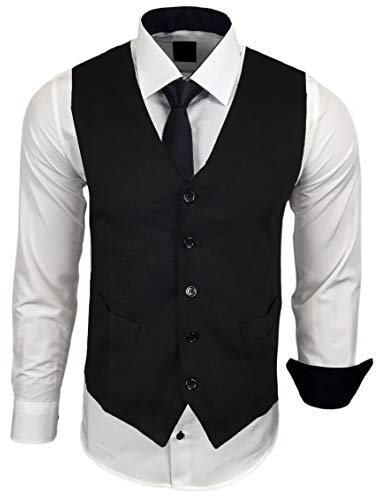 Baxboy Herren Hemd mit Weste Krawatte Anzugs Sakko Business Hochzeit Freizeit Hemden Frack Herrenweste Set wählbar B-44-HWKR, Farbe:Weiss/Schwarz, Größe:4XL