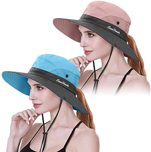 IYEBRAO 2 Stück Pferdeschwanz Sonnenhut Damen-UV Schutz Breite Krempe Sommerhut mit Nackenschnur-Sonnenschutzhut Strandhut Fischerhut Anglerhut Gartenhut Wanderhut Outdoor Hut (Rosa+Blau, 2 Stück)