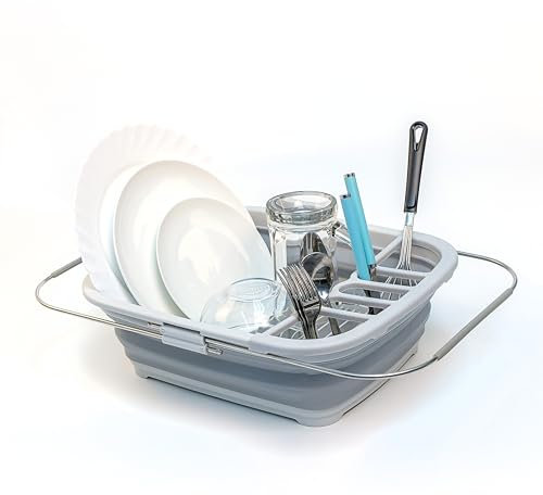 SAMMART Escurridor de platos plegable expandible de 8 L (2.11 galones), estante de secado plegable, organizador de vajilla portátil, bandeja de almacenamiento de cocina que ahorra espacio (gris, 1)