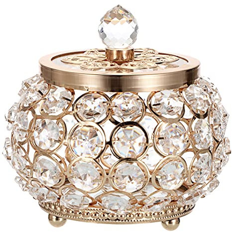 Hipiwe Gold Crystal Jewelry Box, Small Trinket Organizer, Mirrored Base, Crystal Handle, Intricate Metal Rings, Round Shape, Traditional/Vintage Style, 4.5 Inch Diameter & Height, Gift Box