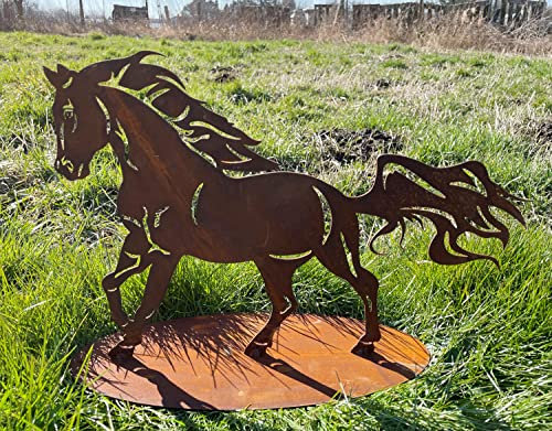 STEINFIGURENWELT GIEBEN Gartenfigur Pferd galoppierend 43x30cm auf Platte Edelrost Gartendeko Wetterfest Rost Metall Rostfigur Tier Hengst Galopp trabend
