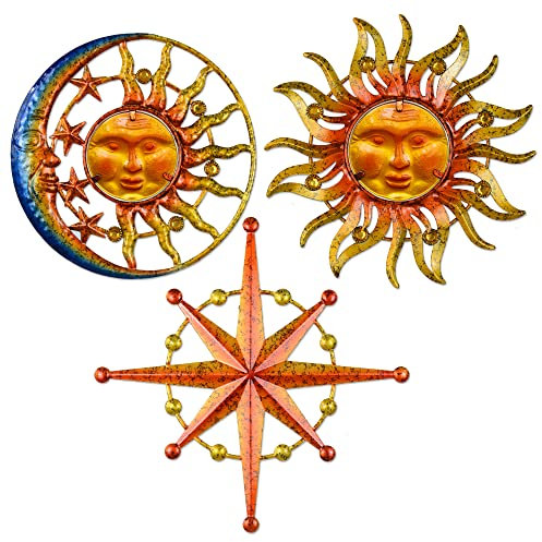 BVLFOOK Sonne Mond Stern Metall Wandkunst Glas Sonne Gesicht seltsame Dekoration 3er Set Indoor Outdoor Wanddekoration für Terrasse Garten Balkon Veranda Hof, Bauernhaus Schlafzimmer Wohnzimmer
