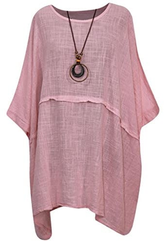 George Hilton New Italian Tops Ladies Italian Quirky Cotton Top Women Lagenlook Plain Summer Top with Necklace Tunic Dress Casual Wear (Dusky Pink), One Size-XL Plus