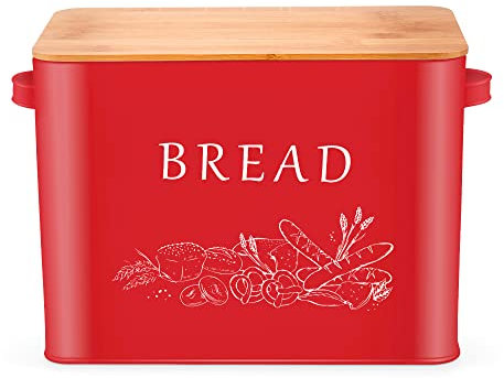 Herogo Vintage Style Bread Bin, Rectangular Prism, 33 x 18 x 24.5 cm, Holds 2 Loaves, Wooden Cutting Board Lid, Food Grade Steel, Blue/Black/White