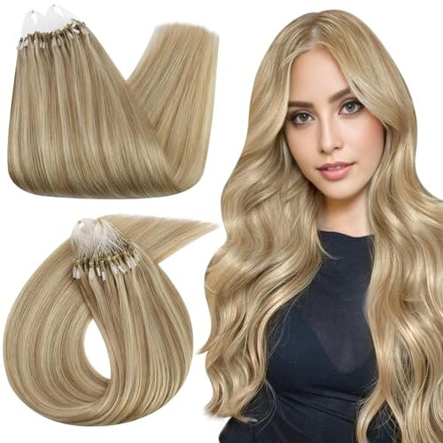 Ugeat Extensions Echthaar Microring 60cm Blond Remy Haarverlängerung Microring Extensions Echthaar Micro Loop Goldblond Highlight Hellblond für Datum 50G/50S #16/22