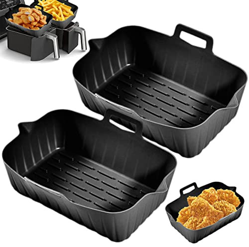 2Pcs Air Fryer Silicone Pot for Ninjas Dual Air Fryer, Reusable Silicone Double Basket Air Fryer Liners Replacement of Parchment Paper Liners for Air Fryer Oven and Microwave (02 Black)