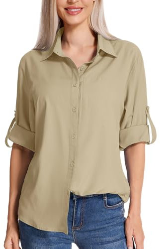 yeyity Damen Hemdbluse UV Schutz Langarmshirt Damen Schnell Trocknende Sport Shirts Wandershirt Safari Casual Button Up Tops Strandurlaub Elegant Bluse(5019,Khaki,S