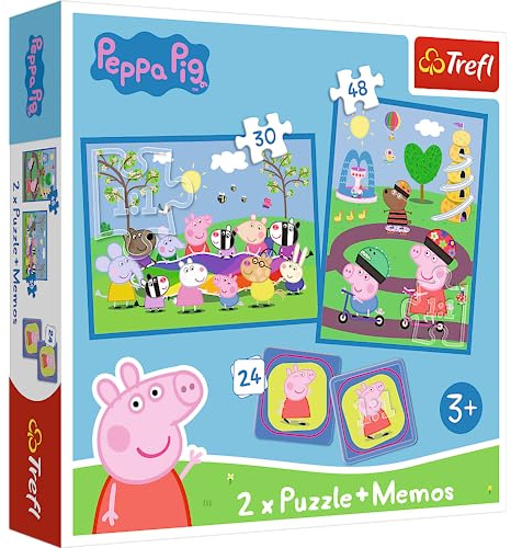Trefl - Puzzle i gra memos - Fröhliche Momente mit Peppa Pig, 3+ | 2xPuzzle + Memory-Spiel, 30 und 48 Teile, unterschiedliche Schwierigkeitsgrade, 24 Memos, hohe Qualität, ideal als Geschenk