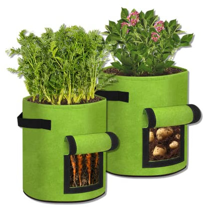 SUBTLETY 27L Kartoffel Pflanzsack aus Vliesstoff 7 Gallonen Pflanzsäcke mit Sichtfenster und Tragegriff Tragbares Pflanzen Tasche für Kartoffeln Tomaten Knoblauch Radieschen (2 Stück, Grün)