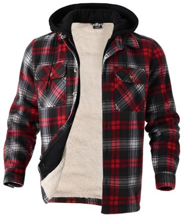 Facitisu Flannel Shirt for Men Zip Up Fleece Warm Plaid Sherpa Lined Hoodie Jacket Big and Tall Winter Coats, Red Plaid 170, M