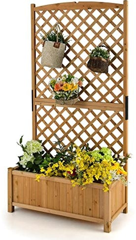 TANGZON Wooden Planter with Trellis, Freestanding Raised Garden Bed for Vine Climbing Plant Flower, Outdoor Elevated Trough Planter Support Box (without Hanging Roof, Orange, 90 x 45 x 180cm)