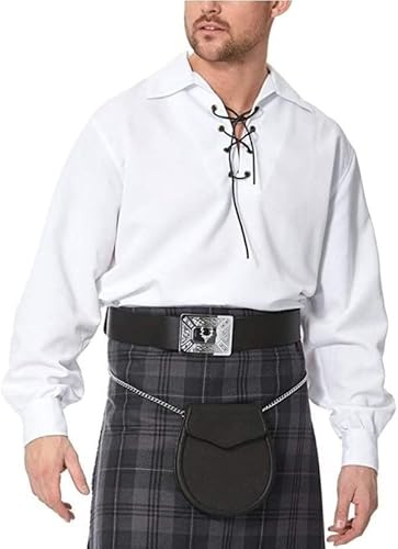 BRAW CLANS TARTANS Mens Ghillie Shirt Jacobite with Leather Lace - Scottish Kilt Shirt Long Sleeve - Traditional Medieval Pirate Costume Top - White Ghillie Shirts for Men - Size XL