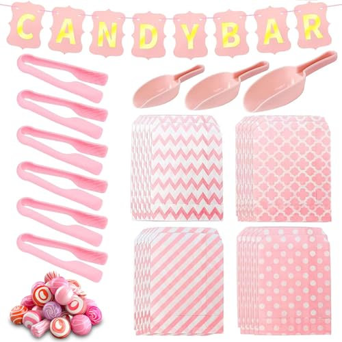 50 Pcs Accesorios Para Candy Bar,Bolsas De Candy Bar Incluye 40 Bolsas De Caramelo Y 6 Pinzas De AzúCar,3 Pala Candy Bar,1 Candy Bar Banner Candy Bar Party Set Para Barbacoa, Boda, Fiesta, Cumpleaños