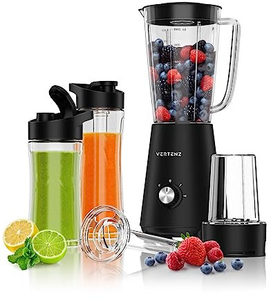 VERTENZ Titan 30 | Titanbeschichteten Klingen | Behälter 1000ml | Kaffeemühle | To-Go-Trinkflasche 400ml und 600ml mit Kühlakku | Standmixer Smoothie Mixer | Spülmaschinenfest | 800 W | Schwarz