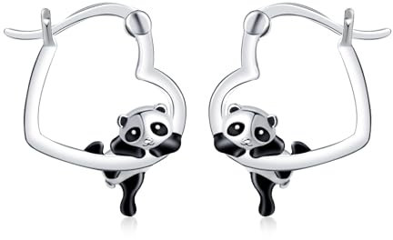 925 Sterling Silber Panda Ohrringe für Damen, Qings Klein Herz Creolen Pandabär Ohrring Niedlich Tier Herzen Huggice Ohrstecker, Tiere Geschenke für Mädchen Frauen Tochter