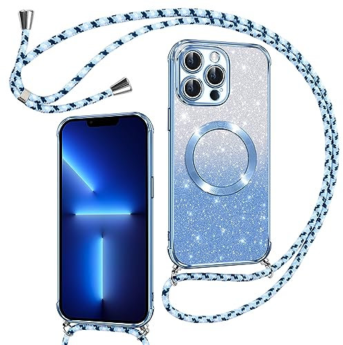 Phoona Couqe Magnétique pour iPhone 13 Pro Max Con Cordon, Compatible avec MagSafe, Brillant Glitter Pailleté Antichoc Etui Housse pour iPhone 13 Pro Max Anti-Poussière Soft TPU Bumper, Bleu