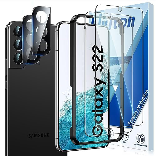 Uyiton Protector de Pantalla para Samsung Galaxy S22 Cristal Vidrio Templado, 2 Vidrio Protector 2 Protector de Lente de cámara, 9H Dureza Cristal Vidrio Templado con Plantilla