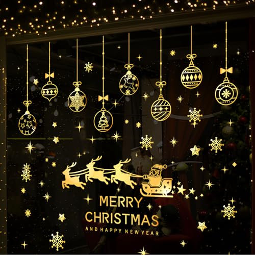 FRXAEZTG Weihnachten Fenstersticker Set, Weihnachtsfensterbilder Gold Doppelseitige Wiederverwendbare Statisch Haftende PVC Aufkleber für Glasfenster Weihnachtsdeko (8 Blatt, 20x30cm)
