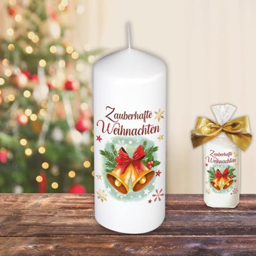 Weihnachtskerze Stumpenkerze – Schöne Weihnachtszeit - Kerze in Geschenkverpackung mit Schleife zu Weihnachten | moderne Motive auf Tattoofolie Schiebefolie