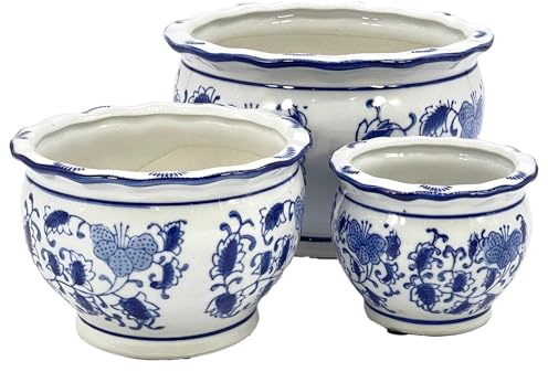 Galt International Dekorativer Blumentopf, Porzellan, Keramik, Blumenmuster, 20,3 cm, 15,2 cm, 11,4 cm, chinesisches asiatisches Design, 3 runde Töpfe