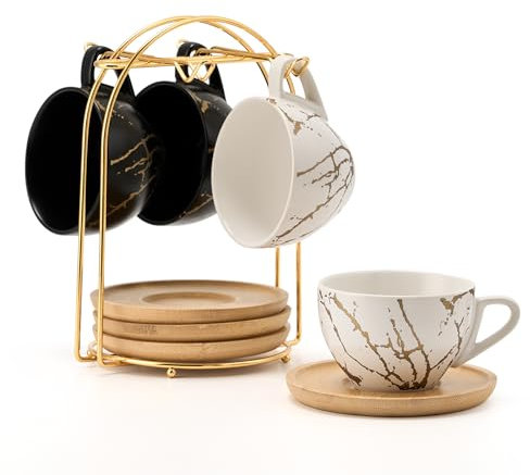 LUKA Demitasse Espressotassen aus Keramik, Set mit Untertassen und Metallständer, 237 ml, stapelbare Cappuccinotassen, Teetasse für Tee, Espresso, Latte, Kaffee, Café, Mokka, 4 Stück, Weiß und Schwarz